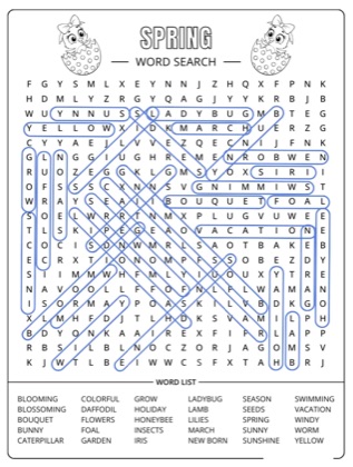 Typical word search with overlapping highlight lines